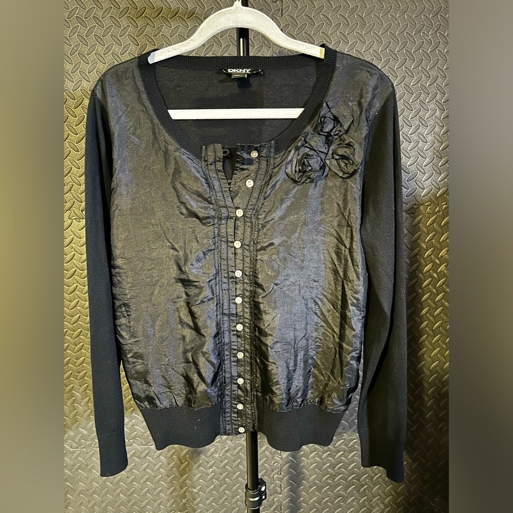 DKNY Knit & Satin Sweater with Rosettes Size L BLACK